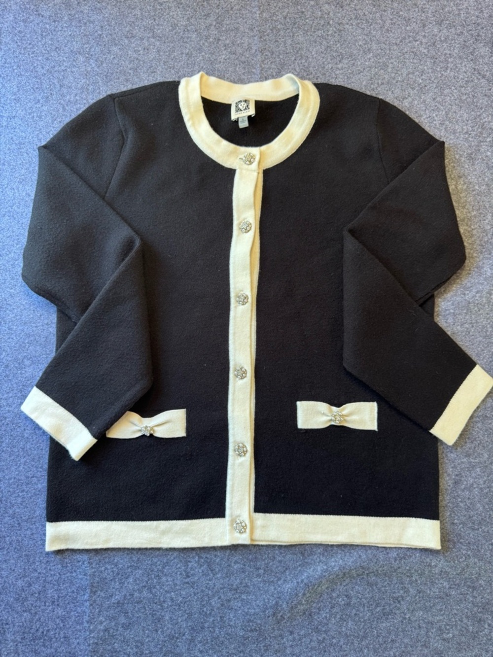 Anne Klein Black Cardigan with Cream Trim and Bow Pockets
